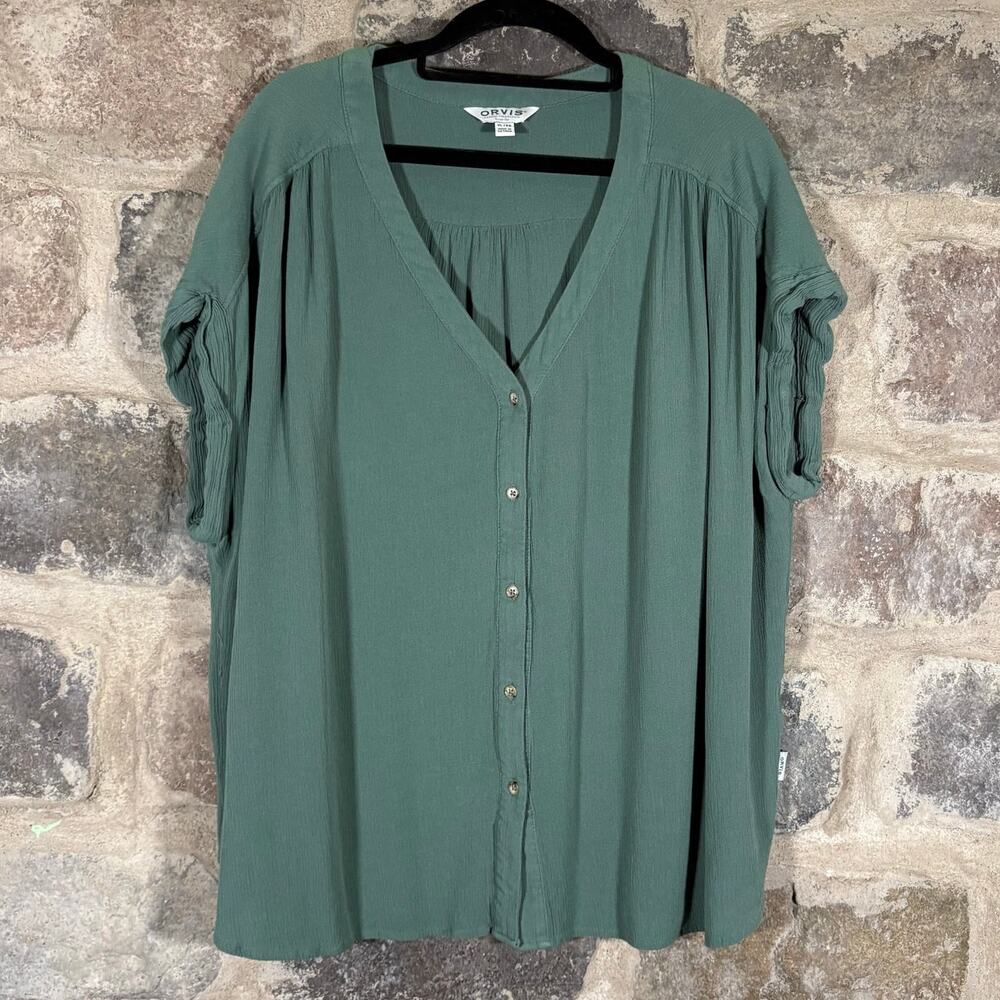 Orvis Short Sleeveless Blouse Women's XL Rayon Crepe V-Neck Button Front‎ Green